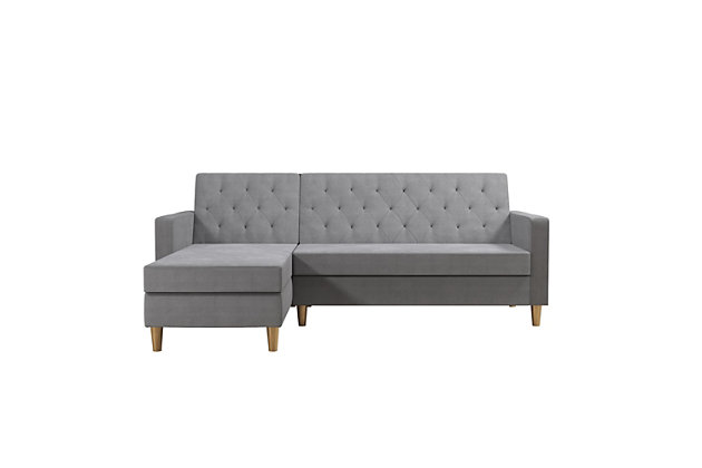 You need this CosmoLiving Liberty Sectional Futon with Storage. Simple and stylish, it's the perfect small space solution with functional features and a compact design. Choose between a fierce green velvet, blush pink velvet, ivory velvet, black velvet or light grey chenille finish with delicately crafted diamond tufting and brass legs for a flawless Insta-worthy look. The chaise can be positioned on either side of the futon and the wide storage compartment is perfect for stashing electronic devices or even off-season clothing. The adjustable back lets you recline comfortably or lie flat for a great night's sleep.Made of engineered wood, fabric and velvet | Light gray; other trendy color options are available | Simple, elegant design with delicate crafted diamond tufting | Multi-position back, interchangeable chaise and storage compartment | Wipes clean with a soft cloth | Ships in 2 boxes | 1 year limited warranty | Estimated Assembly Time: 5 Minutes