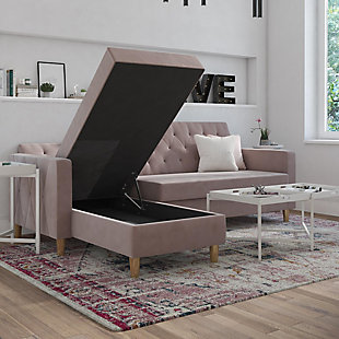 You need this CosmoLiving Liberty Sectional Futon with Storage. Simple and stylish, it's the perfect small space solution with functional features and a compact design. Choose between a fierce green velvet, blush pink velvet, ivory velvet, black velvet or light grey chenille finish with delicately crafted diamond tufting and brass legs for a flawless Insta-worthy look. The chaise can be positioned on either side of the futon and the wide storage compartment is perfect for stashing electronic devices or even off-season clothing. The adjustable back lets you recline comfortably or lie flat for a great night's sleep.Made of engineered wood, fabric and velvet | Blush; other trendy color options are available | Simple, elegant design with delicate crafted diamond tufting | Multi-position back, interchangeable chaise and storage compartment | Wipes clean with a soft cloth | Ships in 2 boxes | 1 year limited warranty | Estimated Assembly Time: 5 Minutes