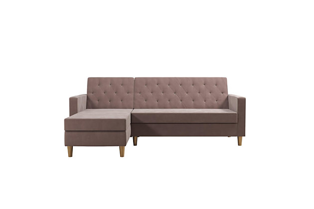 You need this CosmoLiving Liberty Sectional Futon with Storage. Simple and stylish, it's the perfect small space solution with functional features and a compact design. Choose between a fierce green velvet, blush pink velvet, ivory velvet, black velvet or light grey chenille finish with delicately crafted diamond tufting and brass legs for a flawless Insta-worthy look. The chaise can be positioned on either side of the futon and the wide storage compartment is perfect for stashing electronic devices or even off-season clothing. The adjustable back lets you recline comfortably or lie flat for a great night's sleep.Made of engineered wood, fabric and velvet | Blush; other trendy color options are available | Simple, elegant design with delicate crafted diamond tufting | Multi-position back, interchangeable chaise and storage compartment | Wipes clean with a soft cloth | Ships in 2 boxes | 1 year limited warranty | Estimated Assembly Time: 5 Minutes
