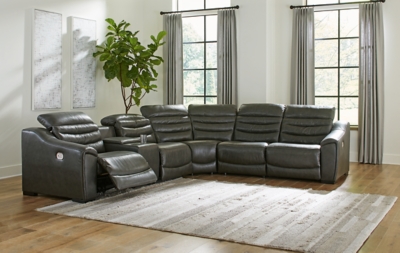 Center Line 6-Piece Dual Power Leather Modular Reclining Sectional, Dark Gray