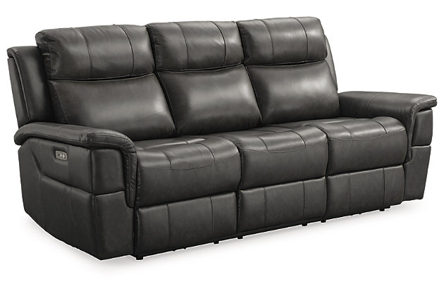 The structured style of the Dendron power reclining sofa brings a sense of rich refinement to your space at a reasonable price. A contemporized bustle back makes this chic piece supremely comfortable, while curved padded arm rests provide a clean-lined design element. With its curated look and a seating area in real leather, you'll be lounging in luxury.Dual-sided recliner; middle seat remains stationary | Attached cushions | Gray leather interior seating; vinyl/polyester exterior upholstery | Power reclining mechanism | Power cord included | Estimated Assembly Time: 15 Minutes