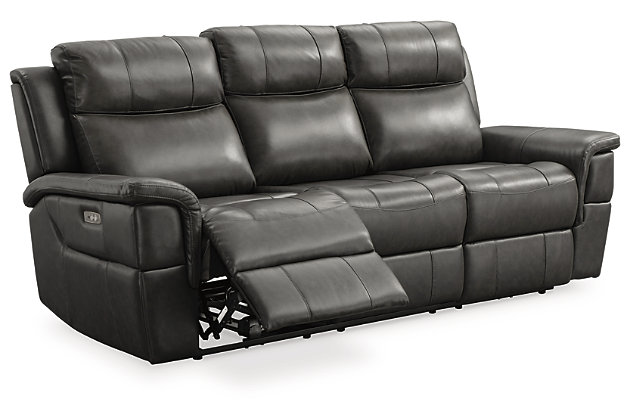 The structured style of the Dendron power reclining sofa brings a sense of rich refinement to your space at a reasonable price. A contemporized bustle back makes this chic piece supremely comfortable, while curved padded arm rests provide a clean-lined design element. With its curated look and a seating area in real leather, you'll be lounging in luxury.Dual-sided recliner; middle seat remains stationary | Attached cushions | Gray leather interior seating; vinyl/polyester exterior upholstery | Power reclining mechanism | Power cord included | Estimated Assembly Time: 15 Minutes