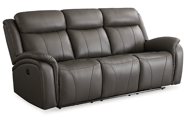 You've been looking for a piece that rests and restores after a hectic day, all while elevating your living room aesthetic. Enter the Chasewood power reclining sofa. Casually cool with contemporary bustle-back construction, it has a broad appeal thanks to on-trend dark gray upholstery. The seating area in real leather provides high-style living at a price you're sure to enjoy.Dual-sided recliner; middle seat remains stationary | Attached cushions | Dark gray leather interior seating; vinyl/polyester exterior upholstery | Power reclining mechanism | Power cord included | Estimated Assembly Time: 15 Minutes