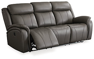 You've been looking for a piece that rests and restores after a hectic day, all while elevating your living room aesthetic. Enter the Chasewood power reclining sofa. Casually cool with contemporary bustle-back construction, it has a broad appeal thanks to on-trend dark gray upholstery. The seating area in real leather provides high-style living at a price you're sure to enjoy.Dual-sided recliner; middle seat remains stationary | Attached cushions | Dark gray leather interior seating; vinyl/polyester exterior upholstery | Power reclining mechanism | Power cord included | Estimated Assembly Time: 15 Minutes