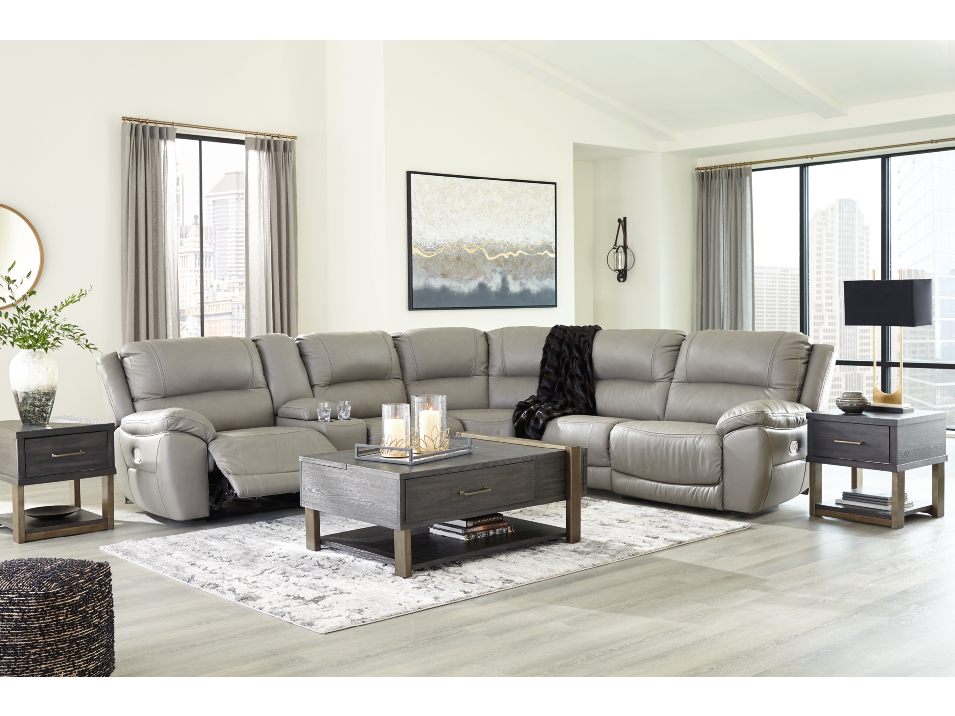 Dunleith  Dual Power Leather Reclining Modular Sectional grey