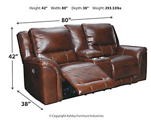 Let the luxury of the Catanzaro power reclining loveseat with console carry you away. Decidedly modern, with clean-lined divided back styling, this reclining loveseat entices with genuine leather covering the seating area and armrests for a supple feel. Even when you’re kicking back you’ll still be perfectly positioned to read or watch TV thanks to the Easy View™ power adjustable headrest. And how’s this for a bonus: a convenient USB charging port located in the power control, so you can recharge while you chill.Dual-sided recliner | One-touch power control recliners with adjustable positions | Includes USB charging port in each power control | Lift-top storage console with slow close hinges and 2 stainless steel cup holders | Corner-blocked frames with metal reinforced seats | Attached backs and seat cushions | High-resiliency foam cushions wrapped in thick poly fiber | Easy View™ power adjustable headrests | Extended ottomans for enhanced comfort | 100% genuine top-grain leather throughout the seating areas and armrests | High quality leather substitute covers remaining areas | Power cord included; UL Listed | Estimated Assembly Time: 15 Minutes
