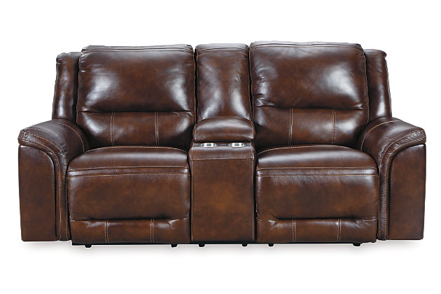 Let the luxury of the Catanzaro power reclining loveseat with console carry you away. Decidedly modern, with clean-lined divided back styling, this reclining loveseat entices with genuine leather covering the seating area and armrests for a supple feel. Even when you’re kicking back you’ll still be perfectly positioned to read or watch TV thanks to the Easy View™ power adjustable headrest. And how’s this for a bonus: a convenient USB charging port located in the power control, so you can recharge while you chill.Dual-sided recliner | One-touch power control recliners with adjustable positions | Includes USB charging port in each power control | Lift-top storage console with slow close hinges and 2 stainless steel cup holders | Corner-blocked frames with metal reinforced seats | Attached backs and seat cushions | High-resiliency foam cushions wrapped in thick poly fiber | Easy View™ power adjustable headrests | Extended ottomans for enhanced comfort | 100% genuine top-grain leather throughout the seating areas and armrests | High quality leather substitute covers remaining areas | Power cord included; UL Listed | Estimated Assembly Time: 15 Minutes