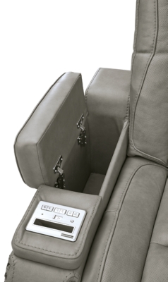 Reserved for him and made for her, The Man-Den power reclining sofa in gray delivers all the comfort and style you could ask for. Inspired by sports car interiors, the seating area is covered in real leather for your pleasure, with a “perforated automotive” treatment for that much more appeal. Positioned at your fingertips, the advanced one-touch power control puts you in the driver’s seat with everything from an Easy View™ power headrest and power lumbar support, to a USB port and wireless charging for your phone. Talk about fully loaded. The middle seat reveals a pull-down table with dimmable reading lights and cup holders. And with integrated cup holders and hidden storage compartments under the posh, padded armrests, this designer power reclining sofa makes the most of every inch of space.Dual-sided recliner | One-touch power control with Easy View™ power adjustable headrest, power lumbar support, USB charging and wireless phone charging | Wireless charger accommodates later model smartphones, including Apple iPhone, Samsung Galaxy, Huawei Mate and Nokia Lumia | Corner-blocked frame with metal reinforced seat | Attached cushions | 43" high back | High-resiliency foam cushions wrapped in thick poly fiber | Leather interior upholstery (with perforated details); vinyl/polyester exterior upholstery | Pull-down table with 2 cup holders (with 2 layers to accommodate drink containers) dimmable reading lights and magazine storage | Each armrest includes storage compartment | Extended ottoman for enhanced comfort | Nailhead trim | Power cord included; UL Listed | Estimated Assembly Time: 15 Minutes