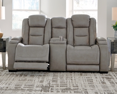 The Man-Den Power Reclining Loveseat with Console, Gray, rollover