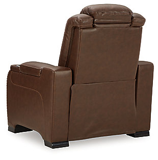 Reserved for him and made for her, this mahogany hued power recliner delivers all the comfort and style you could ask for. Inspired by sports car interiors, the Man-Den power recliner features real leather in the seating area for your pleasure. The advanced one-touch power control puts you in the driver’s seat with an adjustable headrest and lumbar support, USB port and wireless charging for your phone, plus an integrated cup holder, all at your fingertips. This power recliner utilizes every inch of space, with hidden storage compartments under the padded armrests.One-touch power control with Easy View™ power adjustable headrest, power lumbar support, USB charging and wireless phone charging | Wireless charger accommodates later model smartphones, including Apple iPhone, Samsung Galaxy, Huawei Mate and Nokia Lumia | Corner-blocked frame with metal reinforced seat | Attached cushions | High-resiliency foam cushions wrapped in thick poly fiber | Leather interior upholstery (with perforated details); vinyl/polyester (faux leather) exterior upholstery | Armrest with storage compartment | 2 cup holders | 43" high back | Extended ottoman for enhanced comfort | Nailhead trim | Power cord included; UL Listed | Estimated Assembly Time: 15 Minutes