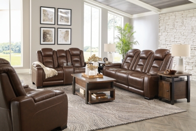 The Man-Den Triple Power Reclining Sofa, Loveseat and Recliner, Mahogany