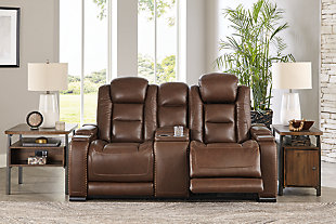 The Man-Den Power Reclining Loveseat with Console, Mahogany, rollover