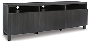 Grace your entertainment space (or home office or dining room for that matter) with the masterfully styled and wonderfully versatile Yarlow TV stand. Sporting a dark wood grain aesthetic and sleek hardware-free design, it’s beautifully in tune with contemporary spaces.Dark decorative wood grain laminate over engineered wood | 3 cabinet doors | 3 open cubbies | 3 adjustable shelves with cord management holes | Assembly required | Estimated Assembly Time: 60 Minutes