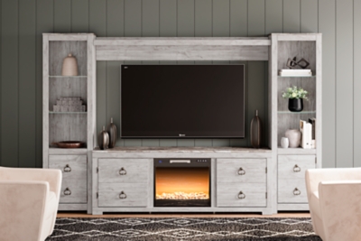 Willowton 4-Piece Entertainment Center with Electric Fireplace, Whitewash