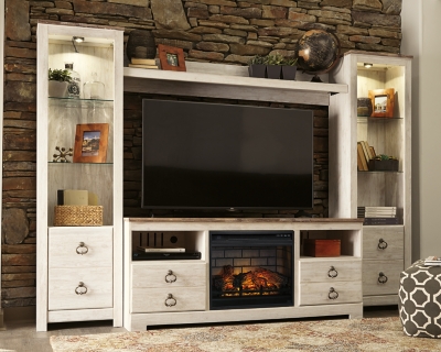 Willowton 4-Piece Entertainment Center with Electric Fireplace, Whitewash, rollover