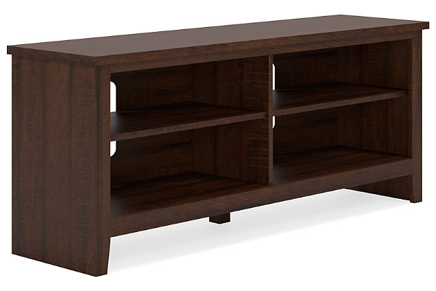 With its replicated burnt umber rustic wood grain and minimalist charm, the Camiburg TV stand is right in tune with your relaxed approach to high style. Beautifully made to accommodate your media equipment, it’s well equipped with a flexible, open-concept design and cutouts for wire management that enhance the clean-lined aesthetic. The look is ideal for modern farmhouse and contemporary settings.Made of decorative laminate and engineered wood | Replicated burnt umber rustic wood grain; warm brown finish | 2 shelves (4 open compartments) | Cutouts for wire management | Assembly required