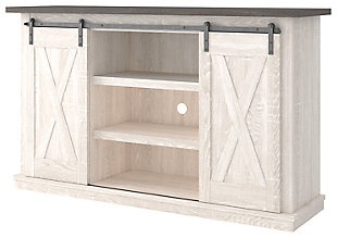 With its two-tone finish, cross-buck details and authentic charm, the Dorrinson TV stand is right in tune with your relaxed approach to high style. Beautifully made to accommodate your media equipment, it’s well equipped with adjustable shelving, cutouts for wire management and, of course, a pair of sliding barn doors you can center or place to the side. What a mastery in modern farmhouse living.Made of engineered wood and decorative laminate | Antique white finish | Top with replicated gray wood grain | Metal brackets and hardware | Pair of sliding barn doors | 2 adjustable center shelves; 4 side shelves | Cross-buck details | Cutouts for wire management | Assembly required | Estimated Assembly Time: 60 Minutes