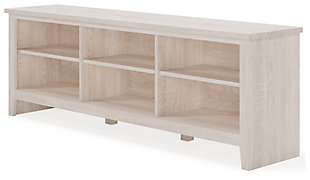 With its minimalist charm, the Dorrinson TV stand is right in tune with your relaxed approach to high style. Beautifully made to accommodate your media equipment, it’s well equipped with a flexible, open-concept design and cutouts for wire management that enhance the clean-lined aesthetic. The look is ideal for modern farmhouse and contemporary settings.Made of engineered wood and decorative laminate | Antique white finish | 3 shelves (6 open compartments) | Cutouts for wire management | Assembly required | Estimated Assembly Time: 30 Minutes