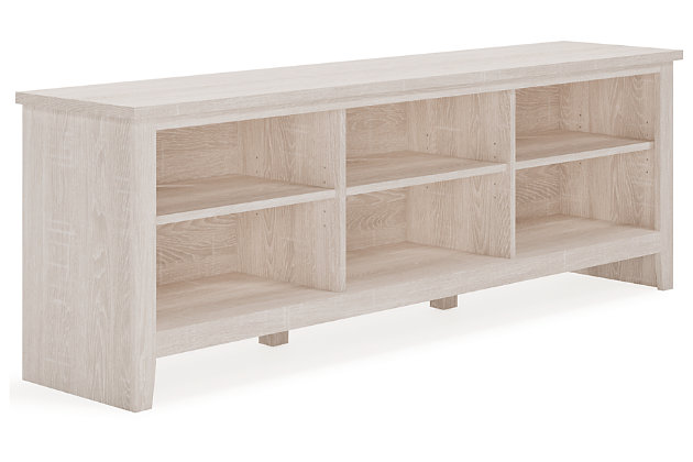 With its minimalist charm, the Dorrinson TV stand is right in tune with your relaxed approach to high style. Beautifully made to accommodate your media equipment, it’s well equipped with a flexible, open-concept design and cutouts for wire management that enhance the clean-lined aesthetic. The look is ideal for modern farmhouse and contemporary settings.Made of engineered wood and decorative laminate | Antique white finish | 3 shelves (6 open compartments) | Cutouts for wire management | Assembly required | Estimated Assembly Time: 30 Minutes