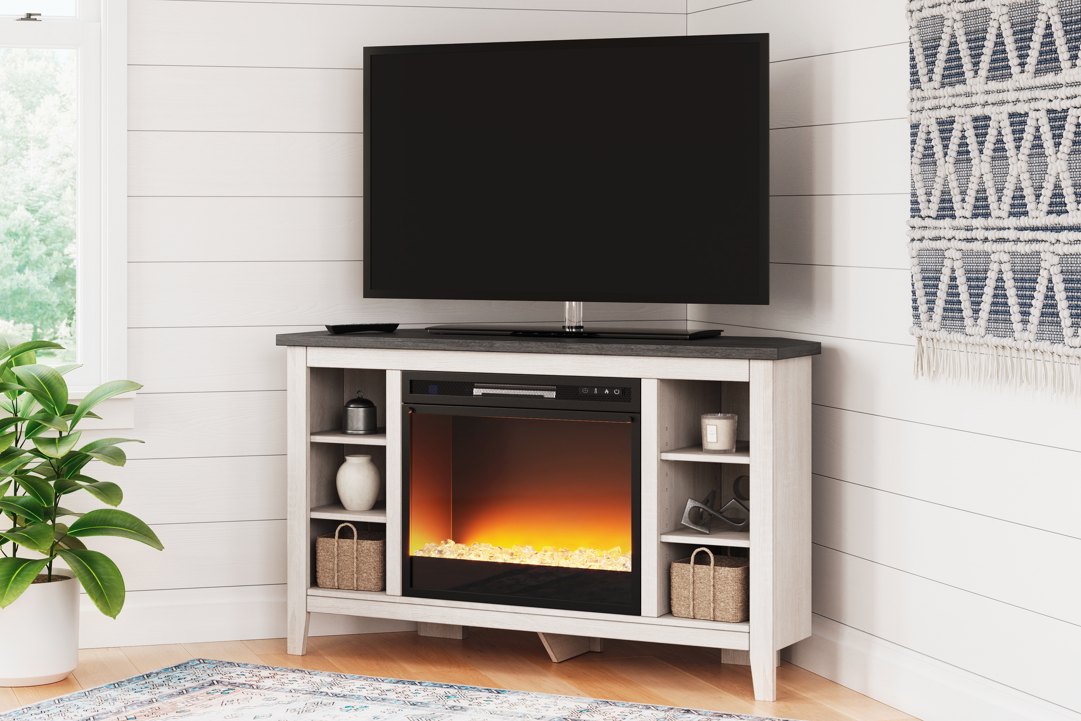 Dorrinson Corner TV Stand with Electric Fireplace - Furniture Galaxy