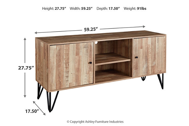 Going natural with a replicated butcher block look complemented with headturning hairpin metal legs, the Gerdanet TV stand with dual storage cabinets takes a stand for understated style. What a clean-lined and casually cool approach to modern living that can work equally well in your dining room or home office.Made of decorative laminate and engineered wood | Replicated natural butcher block wood finish | Black tubular metal legs with powder coated finish | 2 cabinets, each with an adjustable shelf | Open center shelf | Cutouts for cord management | Assembly required | Estimated Assembly Time: 45 Minutes