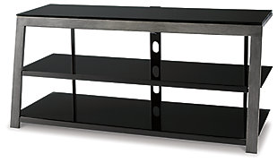 For those who appreciate open-concept design, the Rollynx TV stand is beautifully in tune. Cool and contemporary, this TV stand really steps it up with cantilever styling and a two-tone finish that blends an aged silvertone metal frame with sleek black glass shelves. A wire management support bar helps maximize the minimalism.Made of metal and glass | Wire management support bar | Fixed center shelf | Assembly required | Excluded from promotional discounts and coupons | Estimated Assembly Time: 30 Minutes