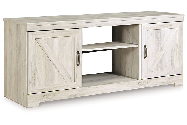 Express your farmhouse style with the Bellaby TV stand. Wispy white finish over replicated oak wood grain is a delightful change from the ordinary. Clean-lined, classic styling with barn door inspiration provides a country chic aesthetic that’s a breath of fresh air. Feel free to add an optional electric fireplace for instant warmth and romance. (Compatible with W100-101 and W100-02 fireplace insert models, sold separately.)Made with engineered wood (MDF/particleboard) | Antique white finish over replicated oak grain | 2 storage cabinets (each with an adjustable shelf) | Removable/adjustable center shelf | Cutouts for wire management and ventilation | Compatible with W100-101 and W100-02 fireplace inserts | Assembly required for fireplace insert | Simply remove the center shelf and back panel to make room for the fireplace insert