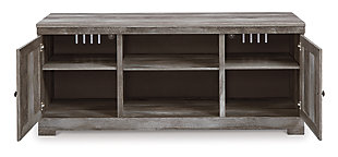 The Wynnlow TV stand with fireplace insert is sure to win your heart with its daring designer take on modern rustic. The stand’s crisp, clean and minimalist-chic profile is enriched with a striking replicated oak grain with thick plank styling and a weathered gray finish for that much more authentic character. Crossbuck detailing adds a brilliant barn door inspired touch. Adding that much more show-stopping style: an electric fireplace insert that operates with or without heat and includes a six-level temperature setting, remote control and overheating control for added safety. The fireplace insert comes with optional faux glass crystals and natural stones, so you can customize the look of the flame bed.Includes TV stand and electric fireplace insert (W100-02) | Made with engineered wood (MDF/particleboard) | Rustic gray finish over replicated oak grain | Plank effect | 2 storage cabinets (each with an adjustable shelf) | Removable/adjustable center shelf | Cutouts for wire management and ventilation | Fireplace provides up to 4608 BTU/1400W, warms up to 400 square feet (heats a mid-size room) and includes: | 6-level temperature setting; 5 levels of flame brightness | LED-lit flame operating with or without heat | Option of faux glass crystals or stones  | Overheating control device | Remote control with LED display | Estimated Assembly Time: 5 Minutes