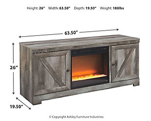The Wynnlow TV stand with fireplace insert is sure to win your heart with its daring designer take on modern rustic. The stand’s crisp, clean and minimalist-chic profile is enriched with a striking replicated oak grain with thick plank styling and a weathered gray finish for that much more authentic character. Crossbuck detailing adds a brilliant barn door inspired touch. Adding that much more show-stopping style: an electric fireplace insert that operates with or without heat and includes a six-level temperature setting, remote control and overheating control for added safety. The fireplace insert comes with optional faux glass crystals and natural stones, so you can customize the look of the flame bed.Includes TV stand and electric fireplace insert (W100-02) | Made with engineered wood (MDF/particleboard) | Rustic gray finish over replicated oak grain | Plank effect | 2 storage cabinets (each with an adjustable shelf) | Removable/adjustable center shelf | Cutouts for wire management and ventilation | Fireplace provides up to 4608 BTU/1400W, warms up to 400 square feet (heats a mid-size room) and includes: | 6-level temperature setting; 5 levels of flame brightness | LED-lit flame operating with or without heat | Option of faux glass crystals or stones  | Overheating control device | Remote control with LED display | Estimated Assembly Time: 5 Minutes