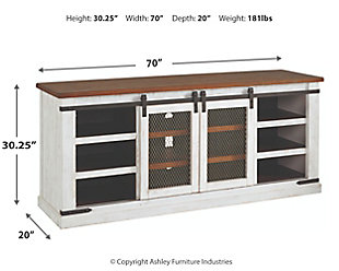Double take. Sporting a two-tone finish that pairs a distressed vintage white with an aged natural pine-color top and shelves, the Wystfield TV stand elevates the art of rustic farmhouse living. Enhancing its charm: sliding barn doors with inset metal grills and antiqued gray industrial hardware.Made of veneers, pine wood and engineered wood | Distressed finish; vintage white and aged natural pine color | Pair of sliding barn doors with inset wire mesh | 4 side shelves | 2 center shelves | Dark iron-tone hardware | Cutouts for ventilation and wire management | Assembly required | Estimated Assembly Time: 30 Minutes