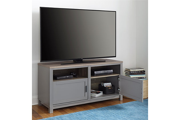 Clean lines and a two-tone finish create a fabulous focal point for contemporary spaces. Dual finish of gray with a wood tone top is right on trend, while the combination of open and concealed storage makes this the ideal TV stand/media station. What a high-style element that’s welcome everywhere from the play room to the living room.Made of laminated engineered wood | Gray finish with a wood-tone top | 2 open shelves, 2 cabinets | Tv stand can hold up to 65" flat panel tv and up to 95 lbs. | Assembly required
