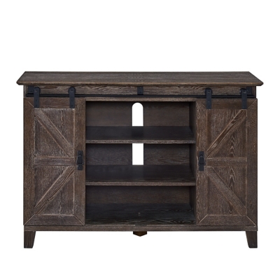 Front view of rustic TV console with two doors and shelves