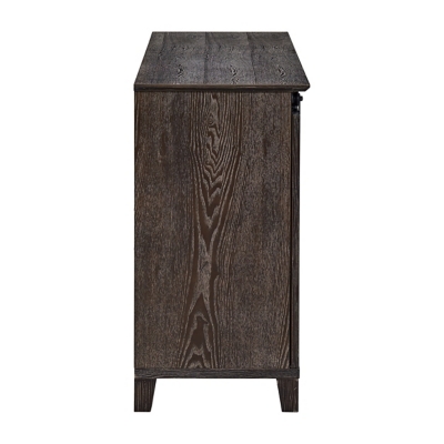 Side/back view of TV console showing vertical wood panel