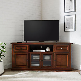 The ideal tv unit for coastal and country interiors, this pine piece in distressed white finish has natural rattan baskets with cutout handles to make finding all entertainment essentials a breeze. A pretty organization solution for condo or cottage.Made of solid hardwood, wood veneer and glass | Hand-rubbed mahogany finish | Antiqued brass-tone hardware | Cutouts for wire management | Assembly required