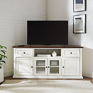 The ideal tv unit for coastal and country interiors, this pine piece in cherry finish has natural rattan baskets with cutout handles to make finding all entertainment essentials a breeze. A pretty organization solution for condo or cottage.Made of solid hardwood, wood veneer and glass | Hand-rubbed white finish with mahogany finish on the top | Antiqued brass-tone hardware | Cutouts for wire management | Assembly required