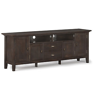 This rustic, extra-wide TV stand with Shaker-style doors makes a stylish and functional base for your home entertainment system. Crafted of solid wood, this piece features both open and closed storage options, elegantly tapered legs and a tabletop with crown-edged moulding. The media stand is perfectly sized for TVs up to 80 inches, with plenty of storage space for all your media and gaming devices.DIMENSIONS: 16.5" D x 72" W x 26" H | Handcrafted with care using the finest quality solid wood | Hand-finished in Brunette Brown with a protective NC lacquer to accentuate and highlight the grain and the uniqueness of each piece of furniture | Features a large centrally located open area with two open spaces, two (2) drawers as well as two (2) framed doors with enclosed spaces; the two (2) large side storage cabinets open to one (1) adjustable shelf each. | Extra wide TV Stand is perfect for TVs up to 80 inches includes cord management cut-outs for easy installation of TV and media components | Transitional Style includes molded crown edged table top and Antique Brass pulls and knobs | Assembly Required | We believe in creating excellent, high quality products made from the finest materials at an affordable price. Every one of our products come with a 1-year warranty and easy returns if you are not satisfied. | Cutouts for cord management | Assembly required