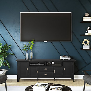 This rustic, extra-wide TV stand with Shaker-style doors makes a stylish and functional base for your home entertainment system. Crafted of solid wood, it features both open and closed storage options, elegantly tapered legs and a tabletop with crown-edged moulding. The media stand is perfectly sized for TVs up to 80 inches, with plenty of storage space for all your media and gaming devices.DIMENSIONS: 16.5" D x 72" W x 26" H | Handcrafted with care using the finest quality solid wood | Hand-finished in a Black Painted Finish and a protective NC lacquer | Features a large centrally located open area with two open spaces, two (2) drawers as well as two (2) framed doors with enclosed spaces; the two (2) large side storage cabinets open to one (1) adjustable shelf each. | Extra wide TV Stand is perfect for TVs up to 80 inches includes cord management cut-outs for easy installation of TV and media components | Transitional Style includes molded crown edged table top and Antique Brass pulls and knobs | Assembly Required | We believe in creating excellent, high quality products made from the finest materials at an affordable price. Every one of our products come with a 1-year warranty and easy returns if you are not satisfied. | Weight capacity 220 lbs. | Cutouts for cord management | Assembly required