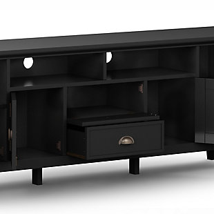 This rustic, extra-wide TV stand with Shaker-style doors makes a stylish and functional base for your home entertainment system. Crafted of solid wood, it features both open and closed storage options, elegantly tapered legs and a tabletop with crown-edged moulding. The media stand is perfectly sized for TVs up to 80 inches, with plenty of storage space for all your media and gaming devices.DIMENSIONS: 16.5" D x 72" W x 26" H | Handcrafted with care using the finest quality solid wood | Hand-finished in a Black Painted Finish and a protective NC lacquer | Features a large centrally located open area with two open spaces, two (2) drawers as well as two (2) framed doors with enclosed spaces; the two (2) large side storage cabinets open to one (1) adjustable shelf each. | Extra wide TV Stand is perfect for TVs up to 80 inches includes cord management cut-outs for easy installation of TV and media components | Transitional Style includes molded crown edged table top and Antique Brass pulls and knobs | Assembly Required | We believe in creating excellent, high quality products made from the finest materials at an affordable price. Every one of our products come with a 1-year warranty and easy returns if you are not satisfied. | Weight capacity 220 lbs. | Cutouts for cord management | Assembly required