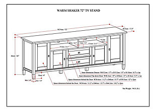 This rustic, extra-wide TV stand with Shaker-style doors makes a stylish and functional base for your home entertainment system. Crafted of solid wood, this piece features both open and closed storage options, elegantly tapered legs and a tabletop with crown-edged moulding. The media stand is perfectly sized for TVs up to 80 inches, with plenty of storage space for all your media and gaming devices.DIMENSIONS: 17.5" d x 72" w x 26" h | Handcrafted with care using the finest quality solid wood | Hand-finished in a White Painted Finish and a protective NC lacquer | Features central open area with one (1) drawer, one (1) compartment with flip down door, two (2) framed doors with enclosed spaces & two (2) large side storage cabinets open to one (1) adjustable shelf each | Extra wide TV Stand is perfect for TVs up to 80 inches, includes cord management cut-outs for easy installation of TV and media components. | Transitional design includes shaker style doors, Brushed Nickel knobs, square tapered legs and square edged table top | Assembly Required | We believe in creating excellent, high quality products made from the finest materials at an affordable price. Every one of our products come with a 1-year warranty and easy returns if you are not satisfied. | Cutouts for cord management | Assembly required