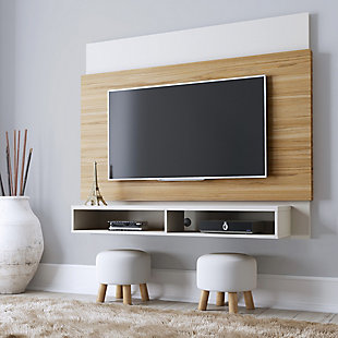 Elevate your space and draw friends and family together with the Brill floating entertainment center. It provides a uniquely modern and sophisticated way to showcase your TV without the mess of wires or missing remotes, with the easy convenience of tucking it all away through unique media openings. The entertainment center features pop-out lower shelving, perfect for displaying books, albums, media players and more. A smooth base also holds decorative items, framed photos, coasters or a bowl of popcorn. An instant gathering spot, this piece is the perfect sofa sidekick and movie-night must.Modern wall mounted theater center and panel for living room and bedroom use | Accommodates most flat-panel tvs up to 60" | Includes 2 open cubby spaces for media storage and display | 2 grommet holes for cable and wire management | Brackets included to mount tv on panel | Made with engineered wood; painted smooth gloss and pro touch wooden grain felt finish | Assembly required