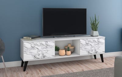 Manhattan Comfort Doyers 62.20 TV Stand in White and Marble Stamp, White/Marble, large