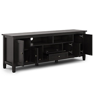Now that 80 inch flat screen TVs are more affordable, you need to have one. To enjoy it fully, you will also need the perfect TV Stand to position your TV just right. Look no further. The Warm Shaker Extra Wide TV Stand is perfectly sized for TVs up to 80 inches. It has plenty of storage space for all your media and gaming devices. It has a large centrally located open area with two drawers as well as two enclosed spaces. The two large side storage cabinets open to one adjustable shelf each. The unit features cord management cut-outs for easy installation of TV and media components.; Efforts are made to reproduce accurate colors, variations in color may occur due to computer monitor and photography; At Simpli Home we believe in creating excellent, high quality products made from the finest materials at an affordable price. Every one of our products come with a 1-year warranty and easy returns if you are not satisfiedDIMENSIONS: 17.5" d x 72" w x 26" h | Handcrafted with care using the finest quality solid wood | Hand-finished in Hickory Brown and a protective NC lacquer to accentuate and highlight the grain and the uniqueness of each piece of furniture | Features central open area with one (1) drawer, one (1) compartment with flip down door, two (2) framed doors with enclosed spaces & two (2) large side storage cabinets open to one (1) adjustable shelf each | Extra wide TV Stand is perfect for TVs up to 80 inches, includes cord management cut-outs for easy installation of TV and media components. | Transitional design includes shaker style doors, brushed bronze knobs, square tapered legs and square edged table top | Assembly Required | We believe in creating excellent, high quality products made from the finest materials at an affordable price. Every one of our products come with a 1-year warranty and easy returns if you are not satisfied.