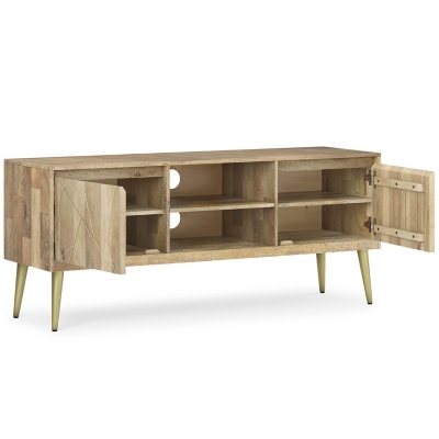 Side view of the wooden TV console showing front and door details