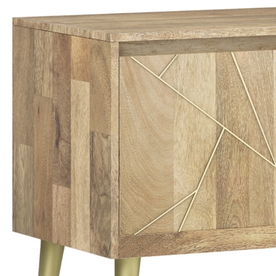Corner view of cabinet showing geometric inlay and brass legs