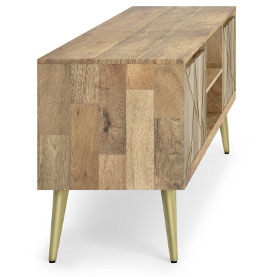 Close-up of wood grain and angled geometric inlay on cabinet