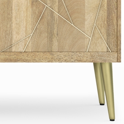 Close-up of wood panels and geometric inlay from lower corner