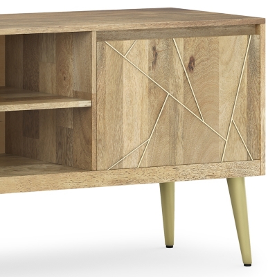 Close-up of cabinet with open shelf and leg, geometric inlay