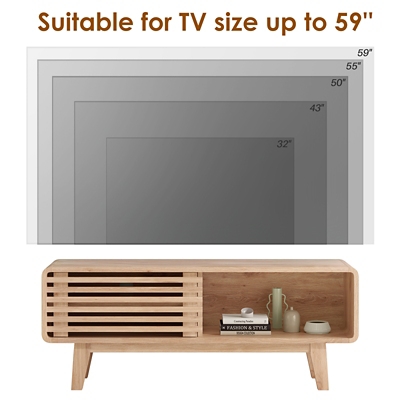 Back view or layout showing TV console with size compatibility for TVs up to 59 inches.