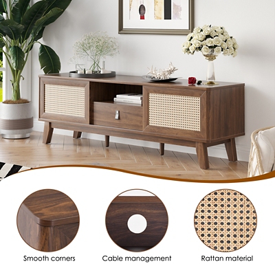 Main product image of a long wooden TV console with woven rattan panels in a modern living room
