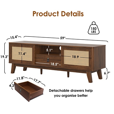 Product dimensions and drawer details for the TV console with removable drawers